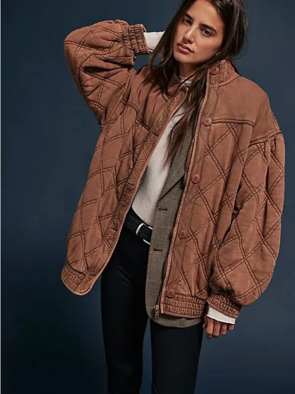 Free People Juno Quilted Dolman Jacket in Oiled Oak